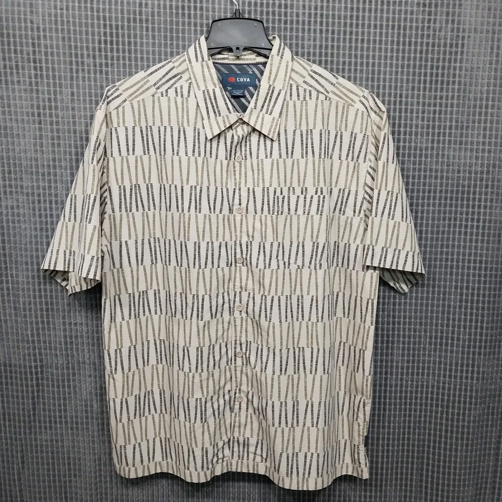 COVA Button Down Shirt Mens Abstract Geometric Tencel Blend XXL Cream Gray